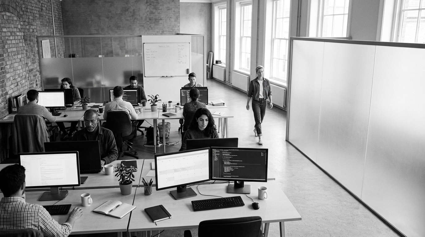 Ironbark headquarters, an open-plan office with staff at their desks, monochrome documentary