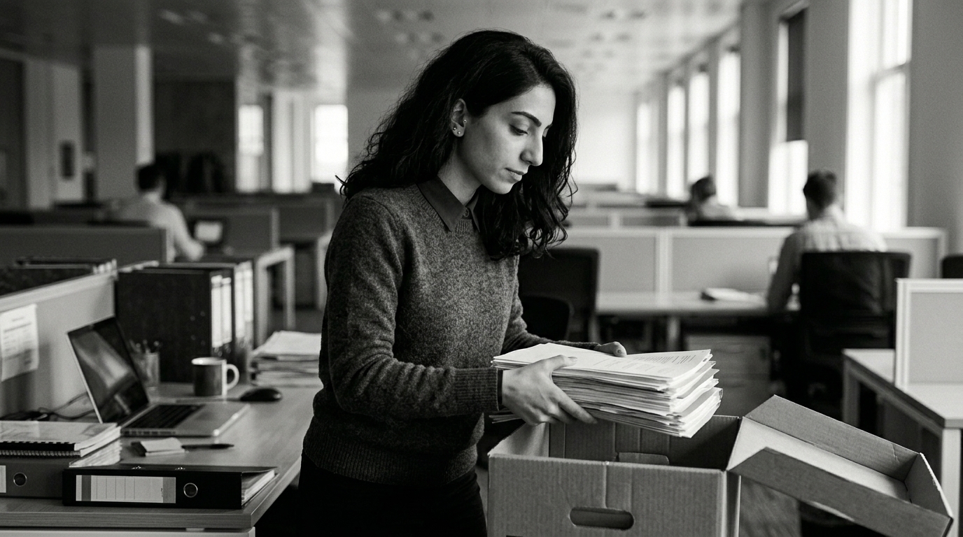 Leila clearing her desk, filing papers into an archive box
