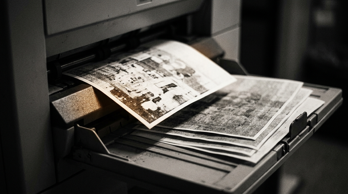 A photocopier producing a heavily degraded, grainy copy of a copy, conveying generation loss