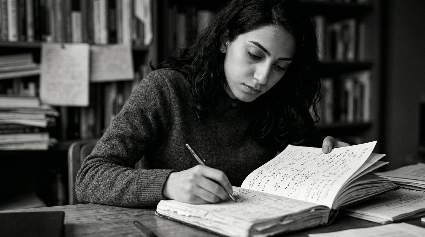 Leila absorbed, writing in and re-reading a well-worn notebook