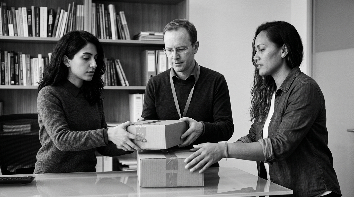 Leila handing two sealed boxes across her desk to two colleagues, the messy jobs going out