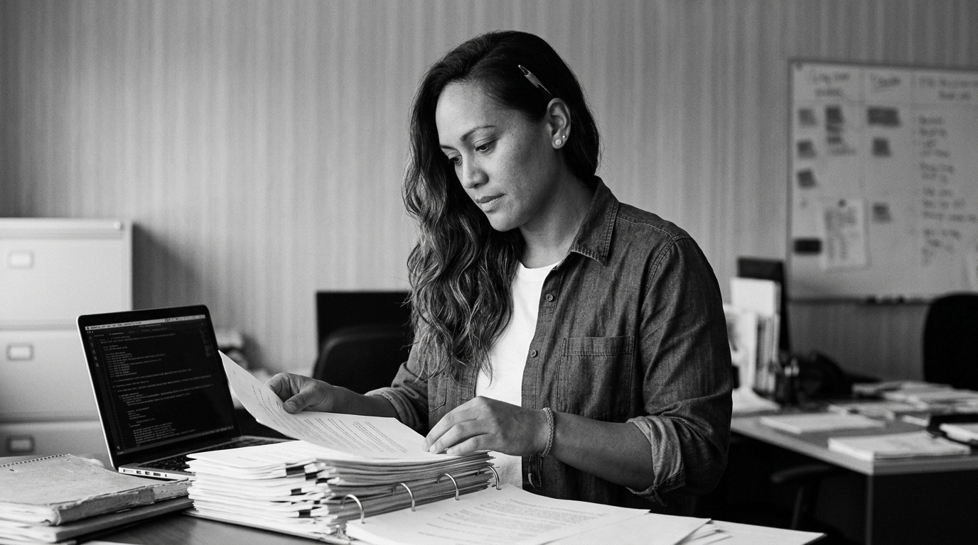 Bea at her own desk, deep in engineering's pile of documents