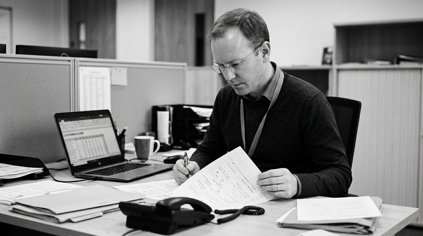 Marcus at his own desk, working through the sales pile, call notes and the churn spreadsheet