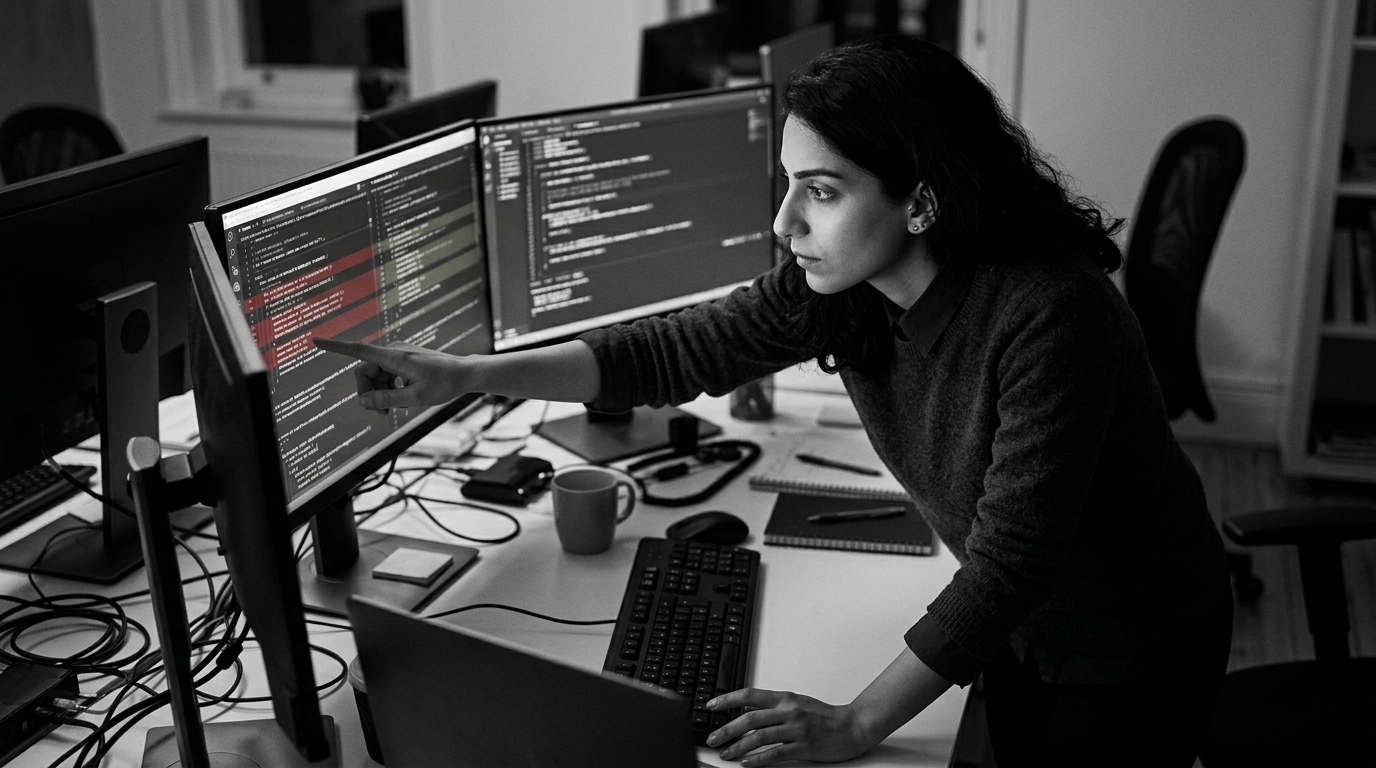 A sprawling refactor diff on screen, tense monochrome documentary