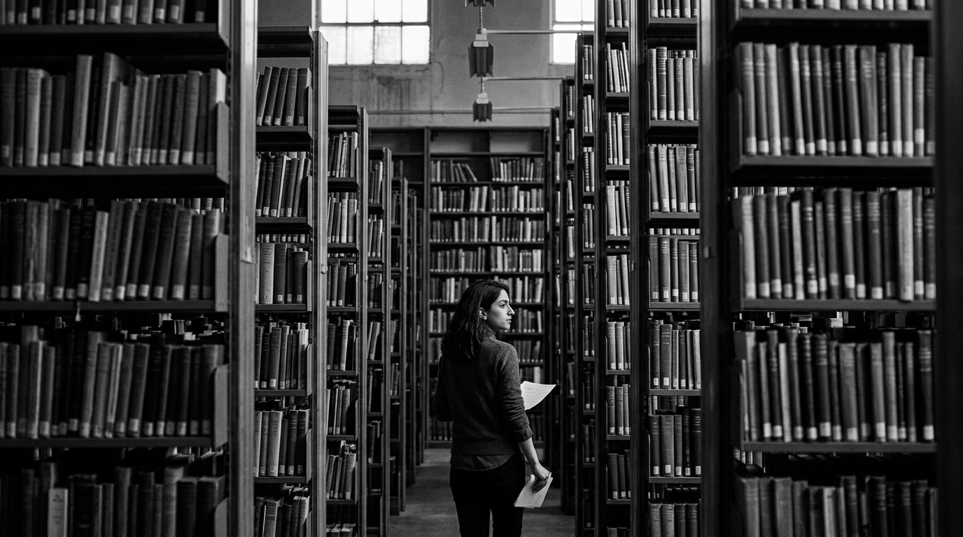 An archival library reading room, monochrome documentary, the long human dream of a second brain