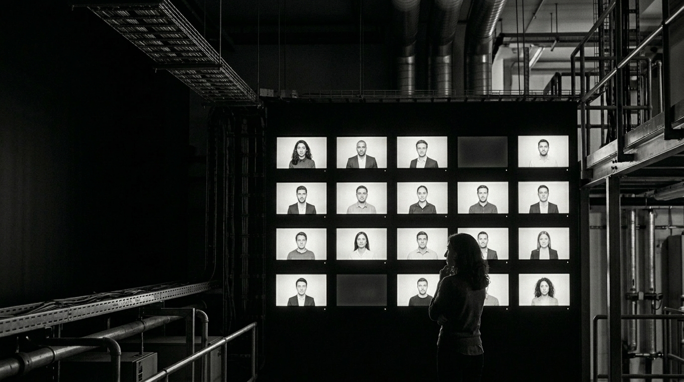 Leila standing before a back-lit wall of twenty reviewer portraits, two switched off so the wall reads eighteen of twenty, monochrome documentary