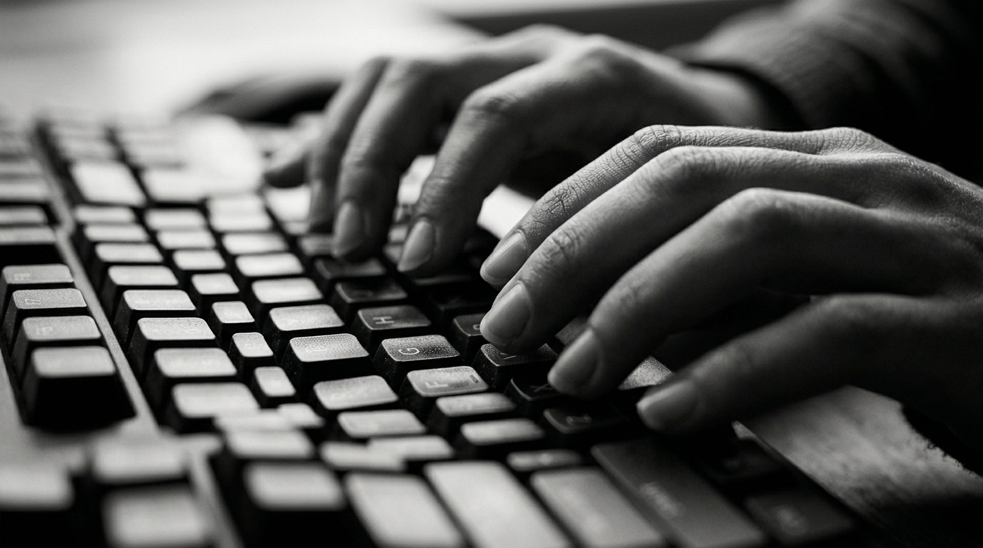 Hands at a keyboard, monochrome documentary