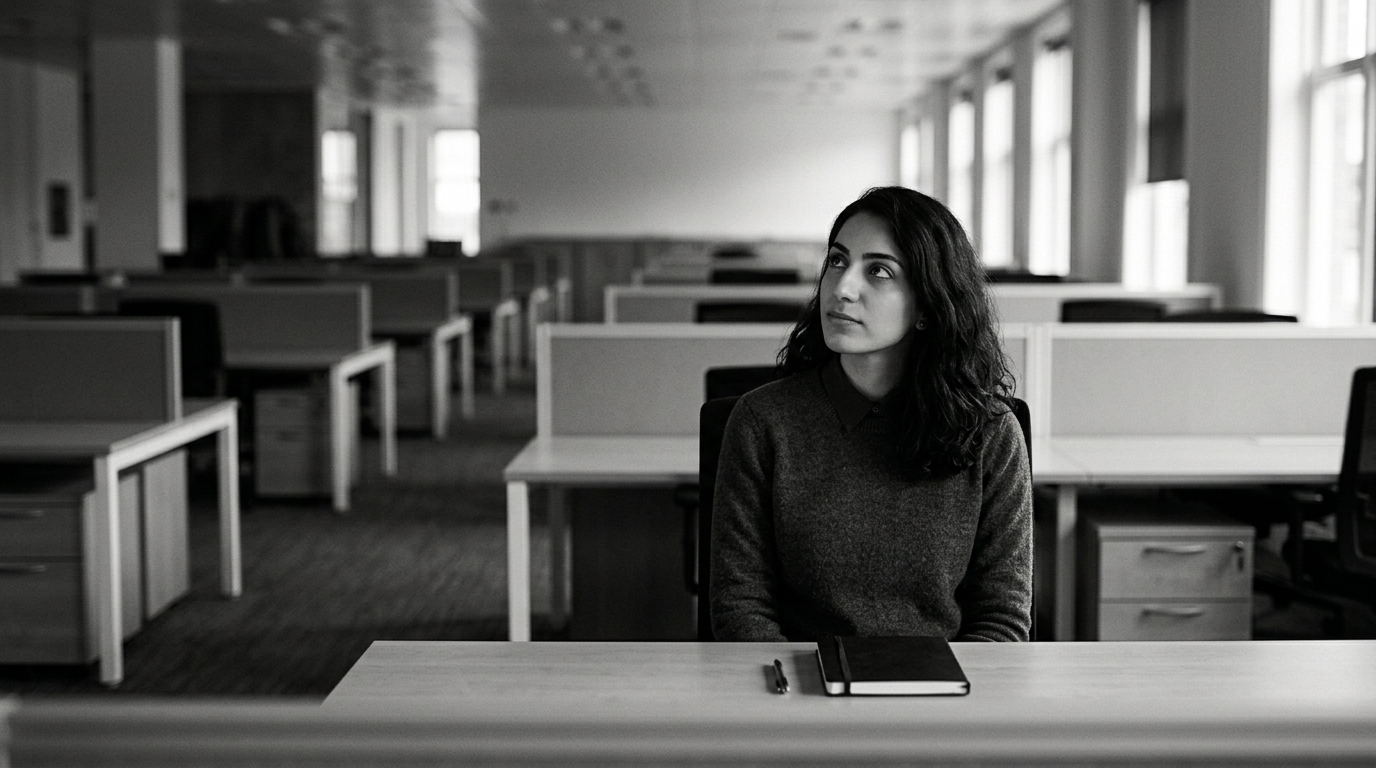 A new starter at an empty desk on day one, monochrome documentary