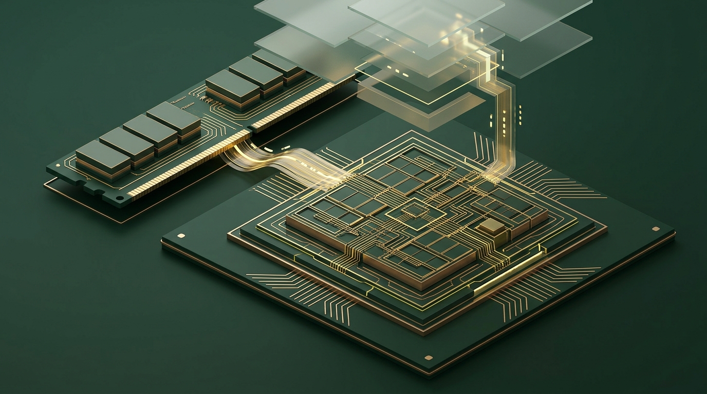 Premium isometric of a CPU die fed by a RAM module, with an OS layer above deciding what loads