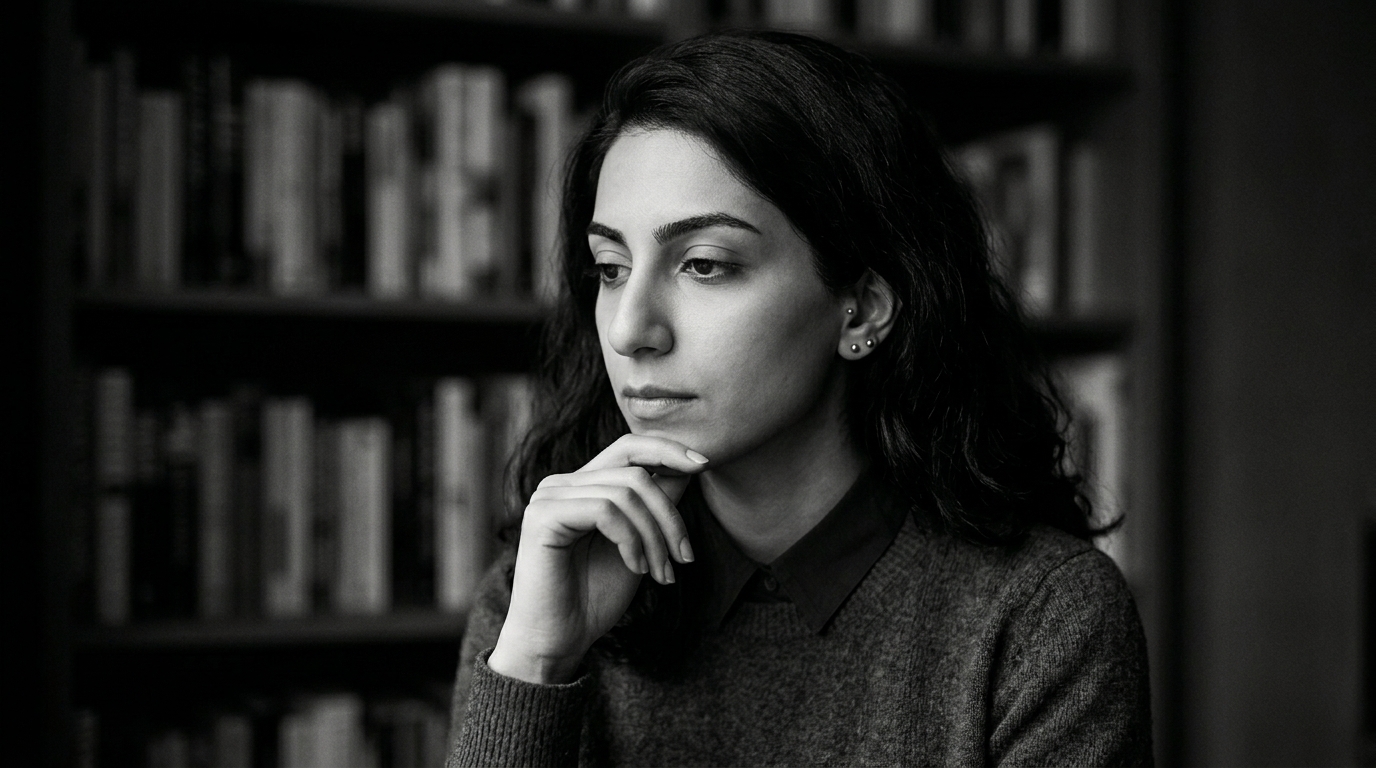 An anonymous thinking face in atmospheric monochrome