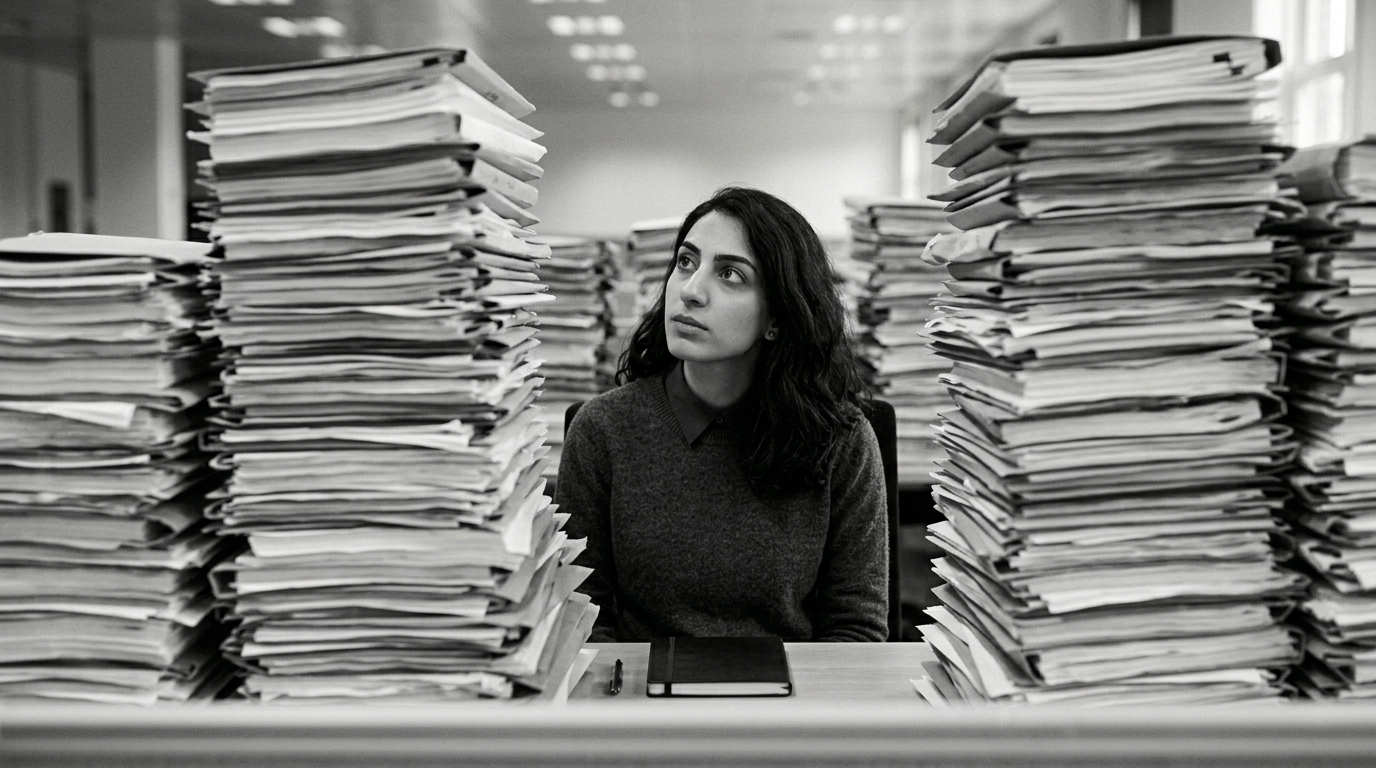 Leila nearly walled in by towering stacks of paper files on her desk
