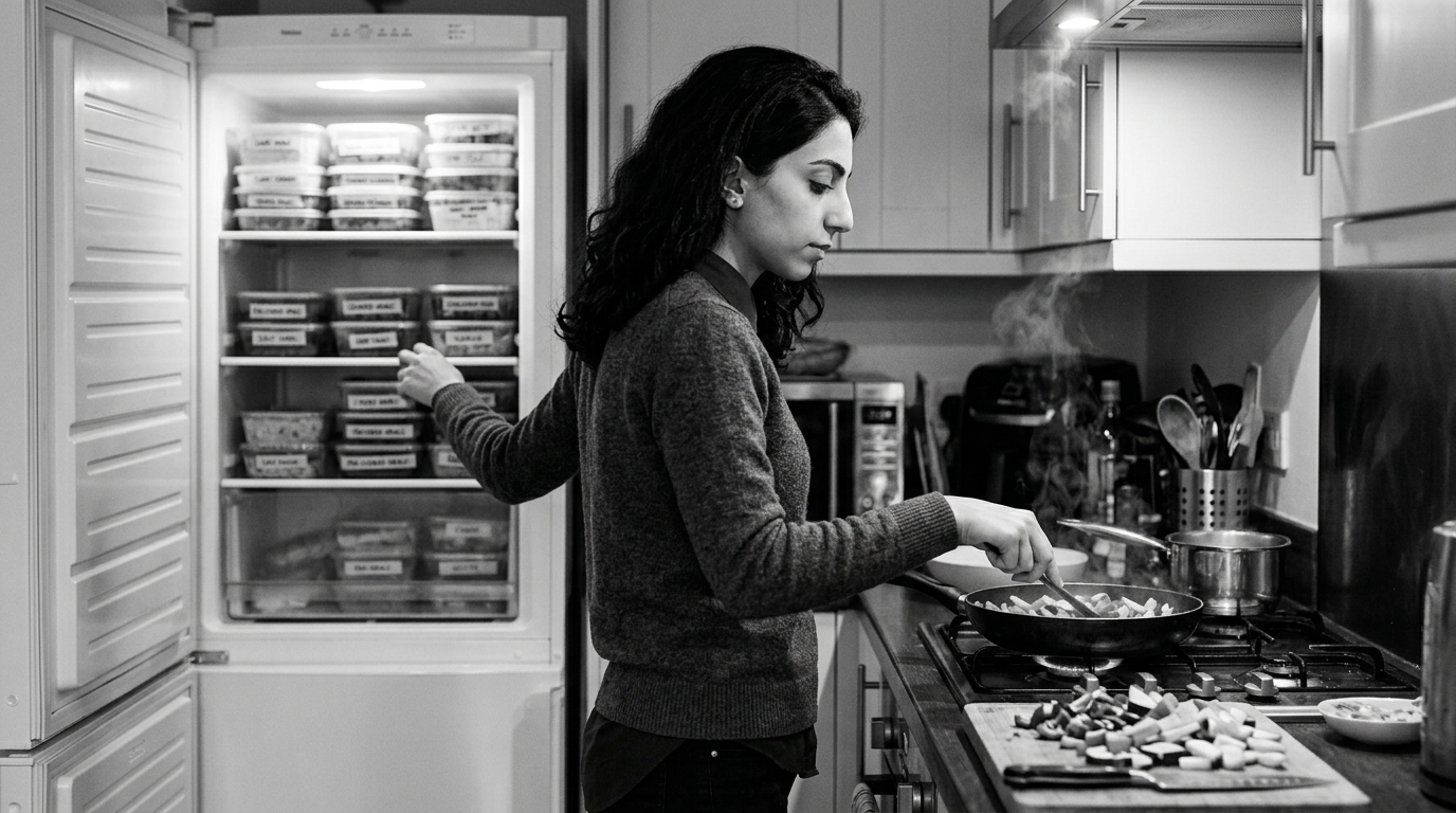 Leila at an open deep freezer packed with labelled pre-cooked meals, the stove with a pan on the heat visible through the gap beyond it, monochrome documentary